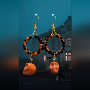 Skull On Black And Orange Glass Beads Hoop Earrings